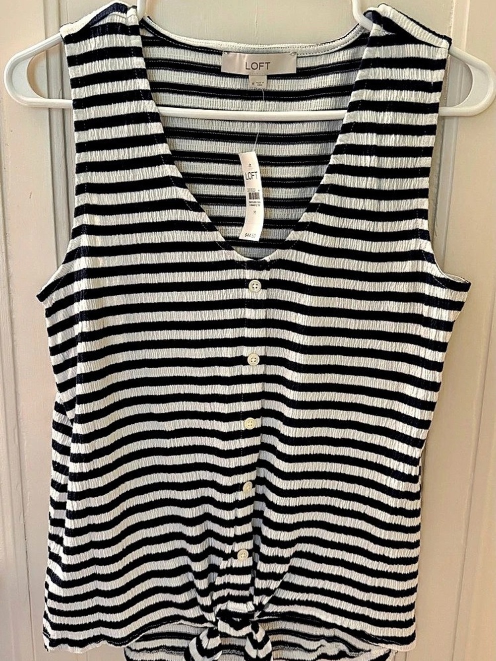 LOFT Striped Button Front Tie Front Tank Top Blue & White Medium